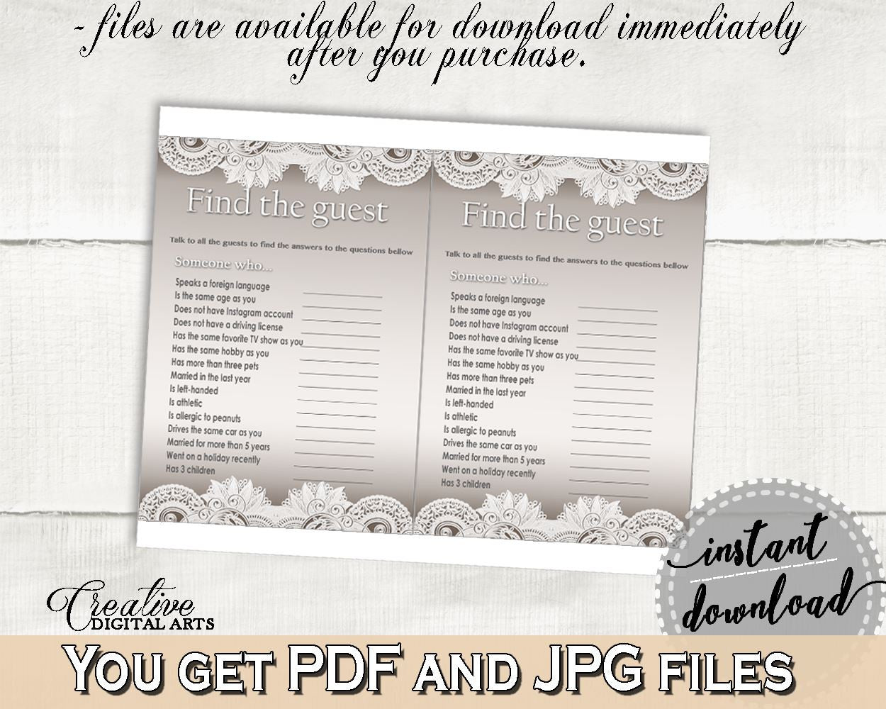 Find The Guest Game in Traditional Lace Bridal Shower Brown And Silver Theme, guess the guest game, blush shower, printable files - Z2DRE - Digital Product