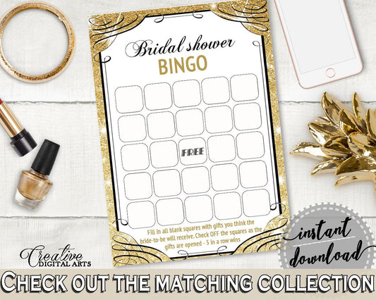 Glittering Gold Bridal Shower Bingo Gift Game in Gold And Yellow, empty bingo cards, glare shower, printables, prints, pdf jpg - JTD7P - Digital Product