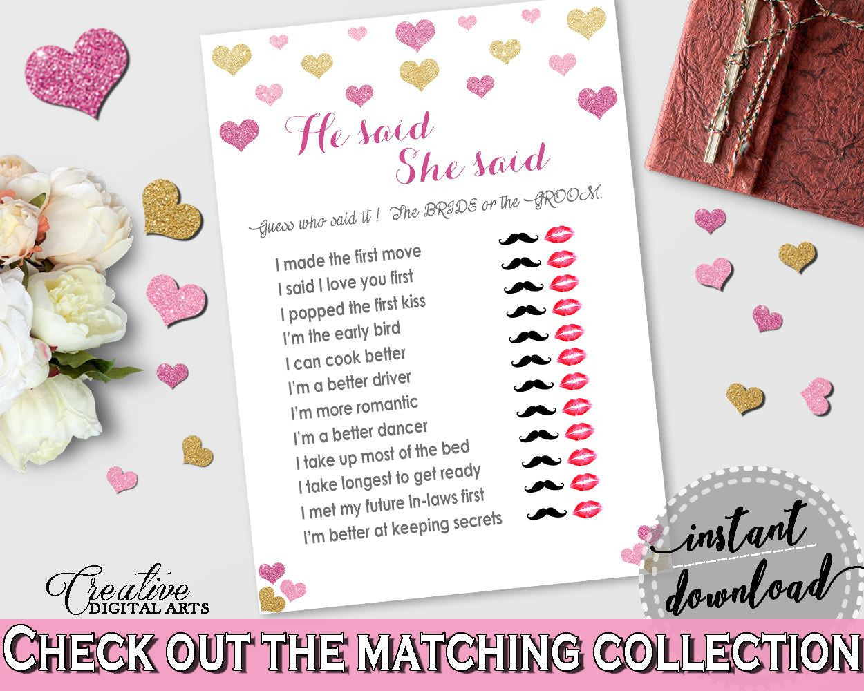 Gold And Pink Glitter Hearts Bridal Shower Theme: He Said She Said Game - keeping secrets,  valentine theme, party organizing - WEE0X - Digital Product