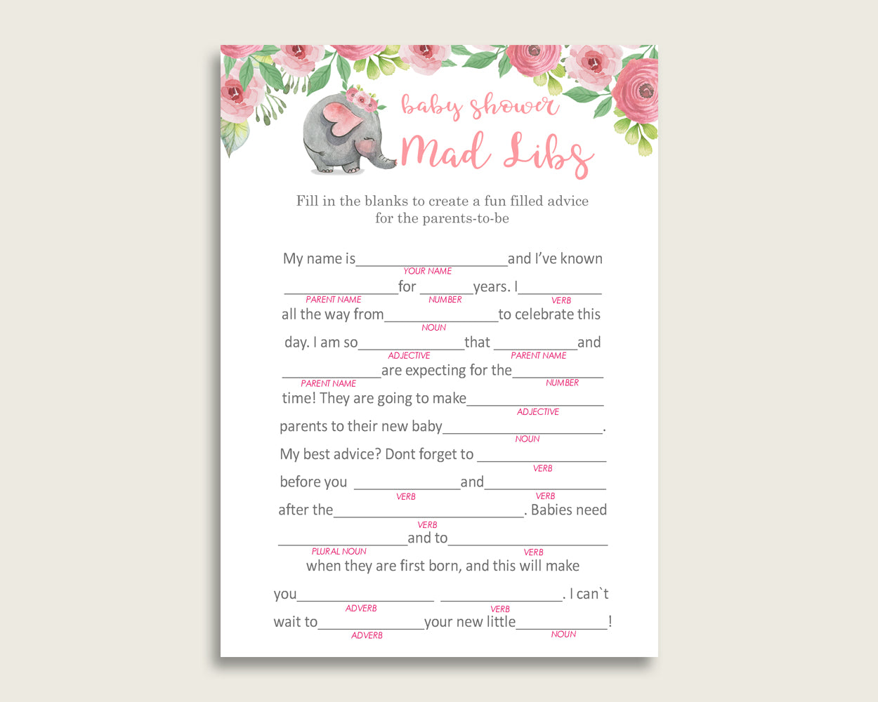 Pink Grey Mad Libs Baby Shower Girl Game Printable, Pink Elephant Mad Libs Fun Activity, DIY digital file, Trunk Tusks Snorky ep001