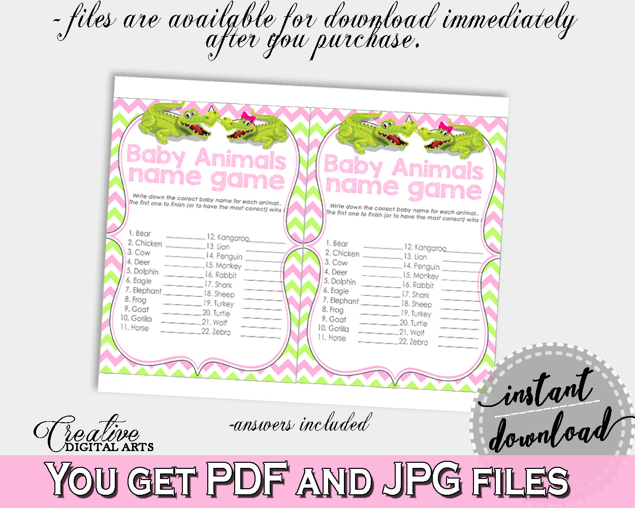 NAME THE BABY ANIMALS baby shower game with green alligator and pink color theme, instant download - ap001