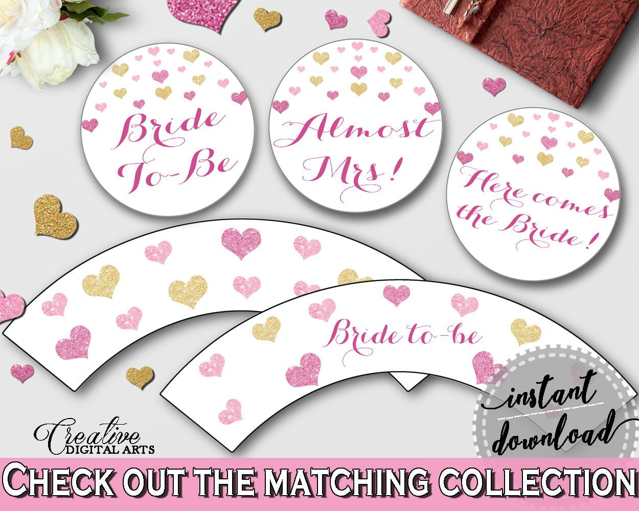 Glitter Hearts Bridal Shower Cupcake Toppers And Wrappers in Gold And Pink, cupcake supplies,  gold glitter shower, digital print - WEE0X - Digital Product