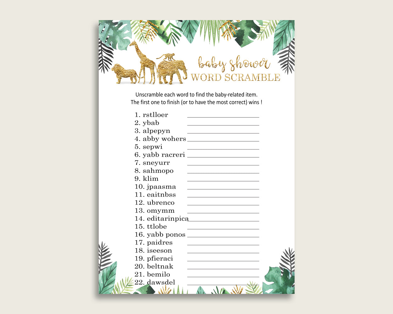 Gender Neutral Baby Shower Word Scramble Game Printable, Cute Jungle Gold Green Word Scramble, Funny Activity, Instant Download, EJRED