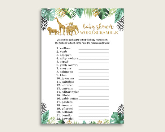 Gender Neutral Baby Shower Word Scramble Game Printable, Cute Jungle Gold Green Word Scramble, Funny Activity, Instant Download, EJRED