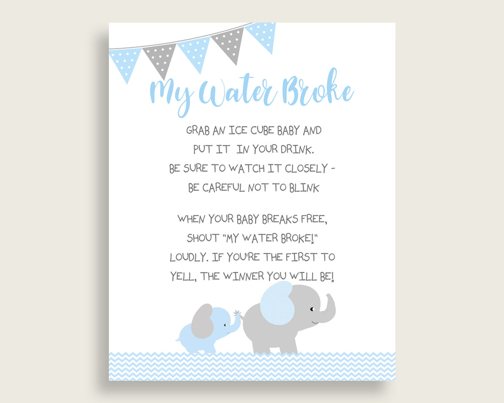 Elephant Baby Shower My Water Broke Game Printable, Blue Grey Ice Cube Babies Game, Boy Baby Shower Frozen Babies Game Sign 8x10 ebl02