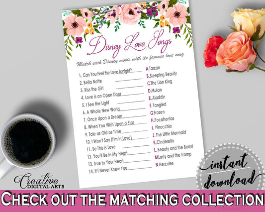 Disney Love Songs Game in Watercolor Flowers Bridal Shower White And Pink Theme, disney couple game, flowers theme, party plan - 9GOY4 - Digital Product