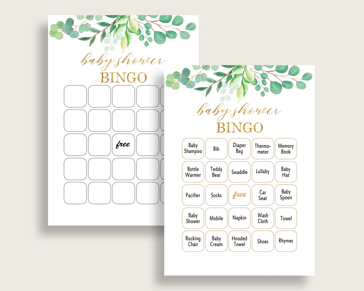 Greenery Baby Shower Bingo Cards Printable, Green Gold Baby Shower Gender Neutral, 60 Prefilled Bingo Game Cards, Spring Watercolor Y8X33