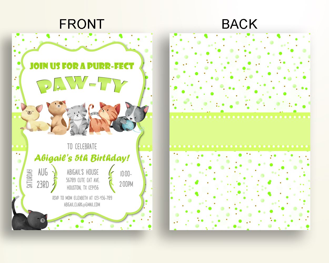 Cat Birthday Invite Cat Birthday Party Invite Cat Birthday Party Cat Invite Boy Girl invite for girl green and white kitten paw WUKOS - Digital Product