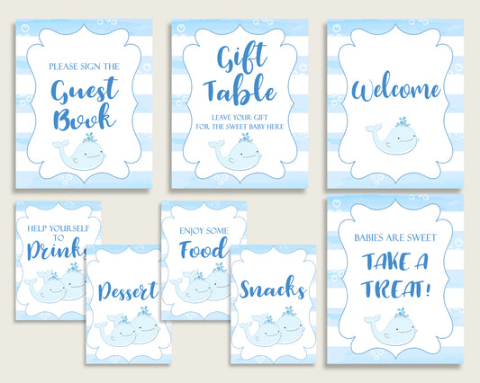 Whale Baby Shower Boy Table Signs Printable, Blue White Party Table Decor, Favors, Food, Drink, Treat, Guest Book, Instant Download, wbl01