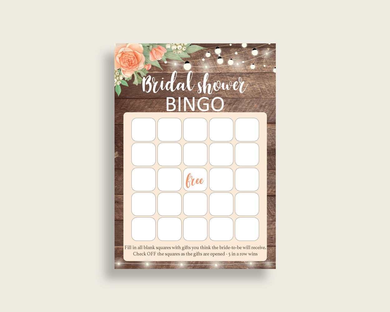 Bingo Bridal Shower Bingo Rustic Bridal Shower Bingo Bridal Shower Flowers Bingo Brown Beige customizable files shower celebration SC4GE