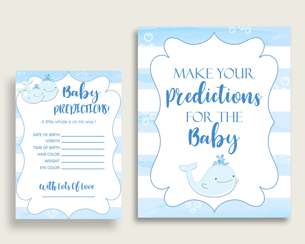 Whale Baby Shower Prediction Cards & Sign Printable, Blue White Baby Prediction Game Boy, Instant Download, Watercolor Stripes Summer wbl01
