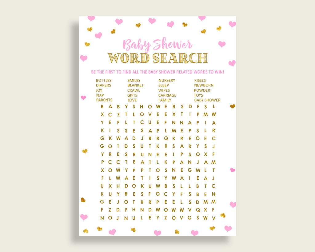 Word Search Baby Shower Word Search Hearts Baby Shower Word Search Baby Shower Hearts Word Search Pink Gold party supplies prints bsh01