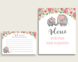 Pink Elephant Advice For Mommy To Be Cards & Sign, Printable Baby Shower Pink Grey Advice For New Parents, Instant Download, ep001