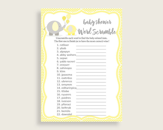 Word Scramble Baby Shower Word Scramble Yellow Baby Shower Word Scramble Baby Shower Elephant Word Scramble Yellow Gray party ideas W6ZPZ