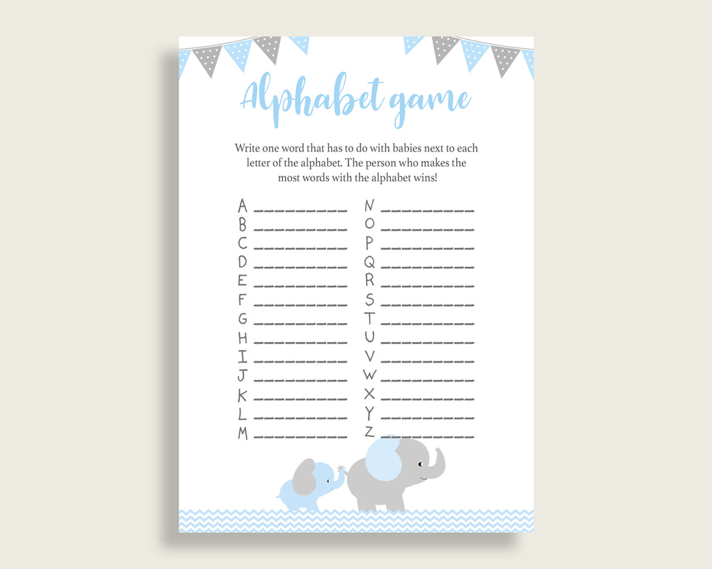 Blue Grey Alphabet Baby Shower Boy Game, Elephant A-Z Guessing Baby Game Printable, ABC's Baby Item Name Game, Instant Download, ebl02