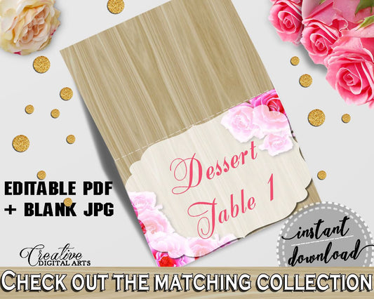 Pink And Beige Roses On Wood Bridal Shower Theme: Food Tent - editable drink signs, couple shower, party supplies, party décor - B9MAI - Digital Product