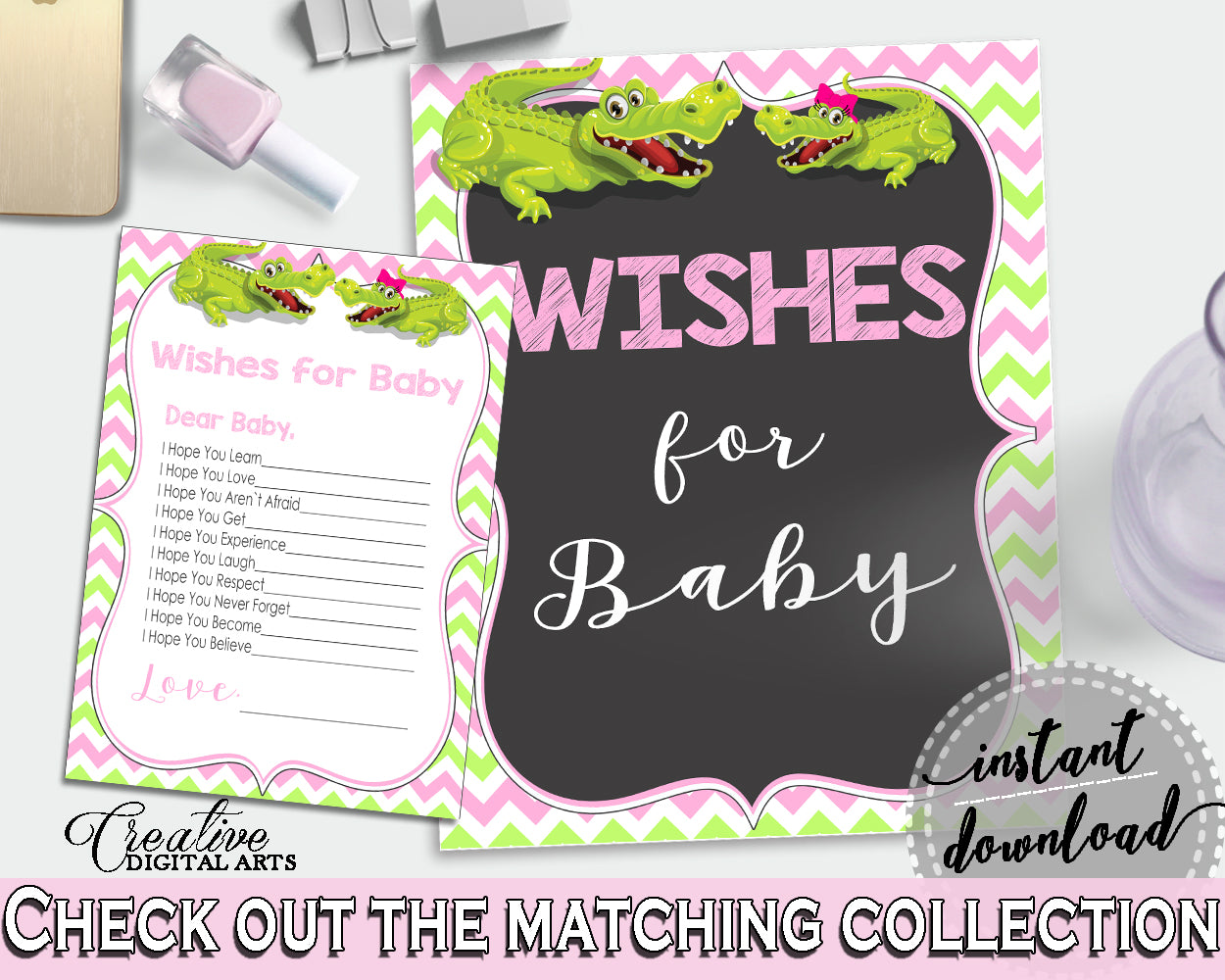 WISHES FOR BABY activity advice for baby shower with green alligator and pink color theme, instant download - ap001