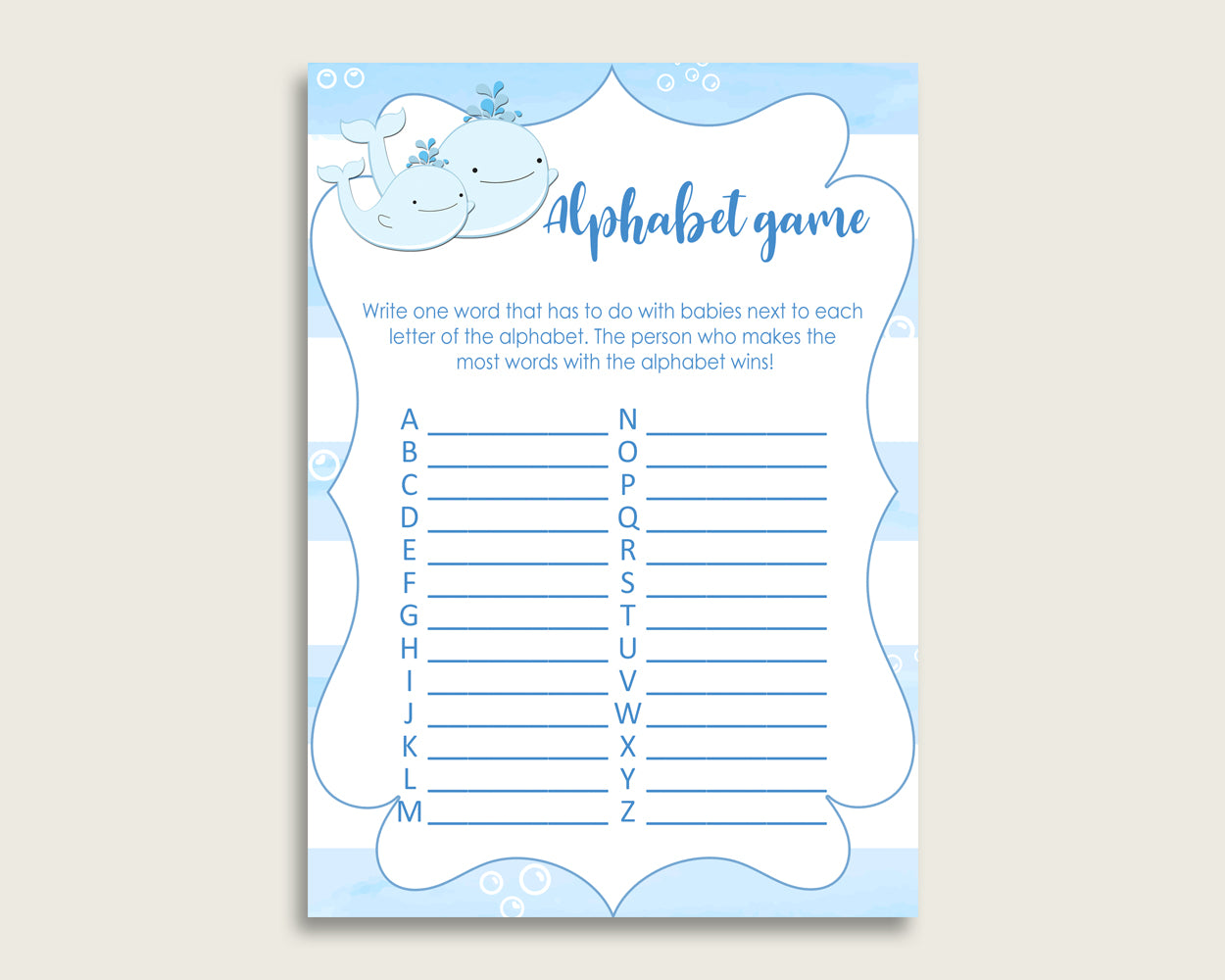 Blue White Alphabet Baby Shower Boy Game, Whale A-Z Guessing Baby Game Printable, ABC's Baby Item Name Game, Instant Download, wbl01