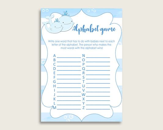 Blue White Alphabet Baby Shower Boy Game, Whale A-Z Guessing Baby Game Printable, ABC's Baby Item Name Game, Instant Download, wbl01