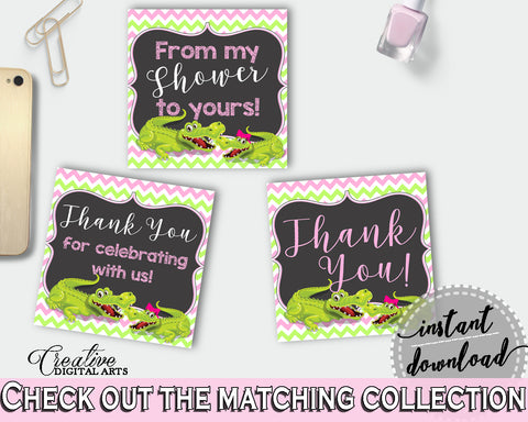 Baby shower THANK YOU favor tags square printable with green alligator and pink color theme for girl, instant download - ap001