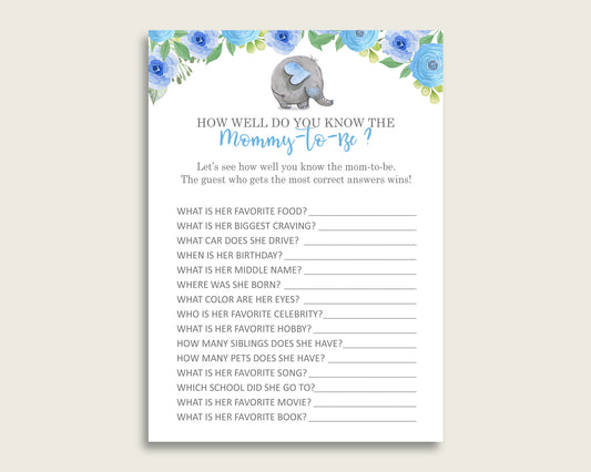 Blue Gray How Well Do You Know Mommy Game, Elephant Blue Baby Shower Boy, Who Knows Mommy Best Printable, Africa or Jungle Mammoth ebl01