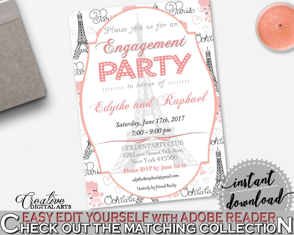 Engagement Party Invitation Editable in Paris Bridal Shower Pink And Gray Theme, we're engaged, parish bridal shower, party plan - NJAL9 - Digital Product