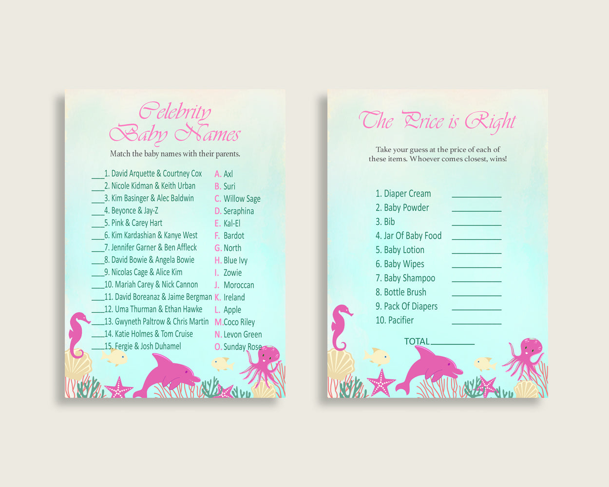 Under The Sea Baby Shower Games Printable Pack, Pink Green Baby Shower Games Package Girl, Under The Sea Games Bundle Set, Instant uts01