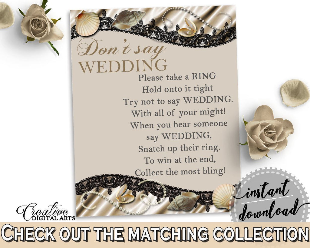 Seashells And Pearls Bridal Shower Don't Say Wedding Game in Brown And Beige, ring game, satin sheets bridal, party planning, prints - 65924 - Digital Product