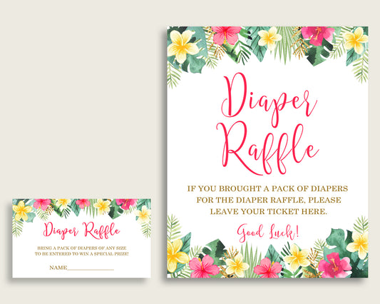 Hawaiian Baby Shower Diaper Raffle Tickets Game, Girl Pink Green Diaper Raffle Card Insert and Sign Printable, Instant Download 955MG