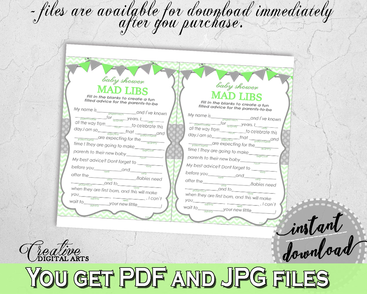 MAD LIBS baby shower game with chevron green theme printable, digital Jpg Pdf, instant download - cgr01