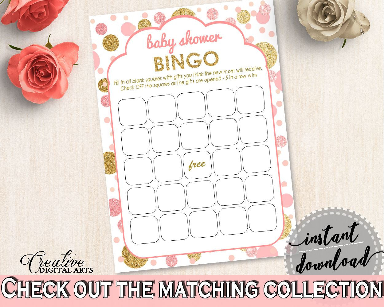 Pink Gold Bingo Gift Game, Baby Shower Bingo Gift Game, Dots Baby Shower Bingo Gift Game, Baby Shower Dots Bingo Gift Game - RUK83 - Digital Product