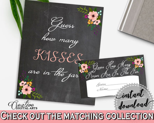 Guess How Many Kisses Game in Chalkboard Flowers Bridal Shower Black And Pink Theme, presume game, chalkboard floral, party plan - RBZRX - Digital Product