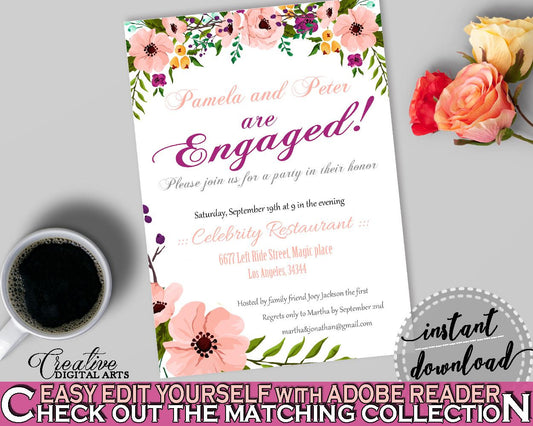 Watercolor Flowers Bridal Shower Engaged Invitation Editable in White And Pink, engagement, floral theme shower, party organizing - 9GOY4 - Digital Product