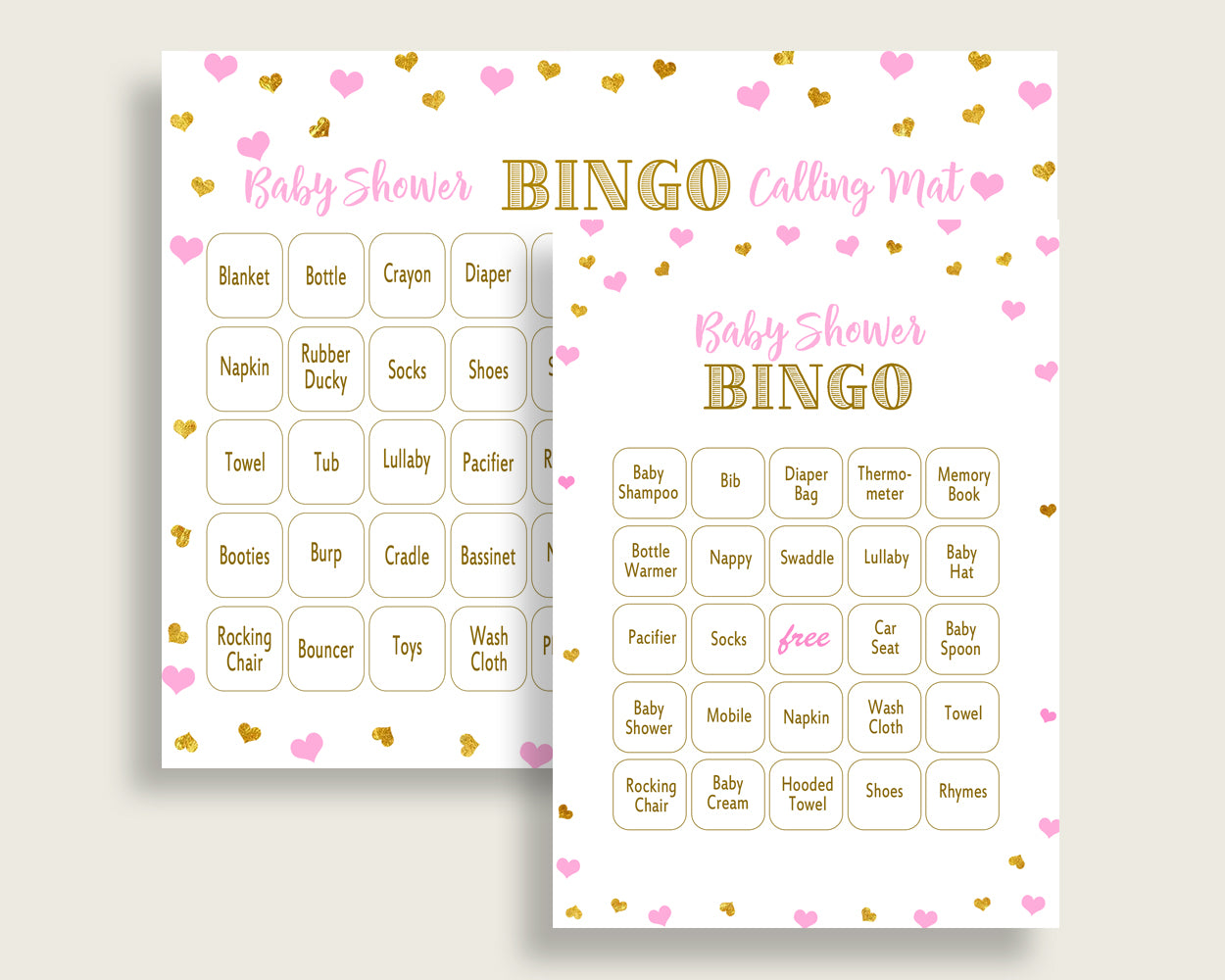 Bingo Baby Shower Bingo Hearts Baby Shower Bingo Baby Shower Hearts Bingo Pink Gold party planning party organization pdf jpg bsh01