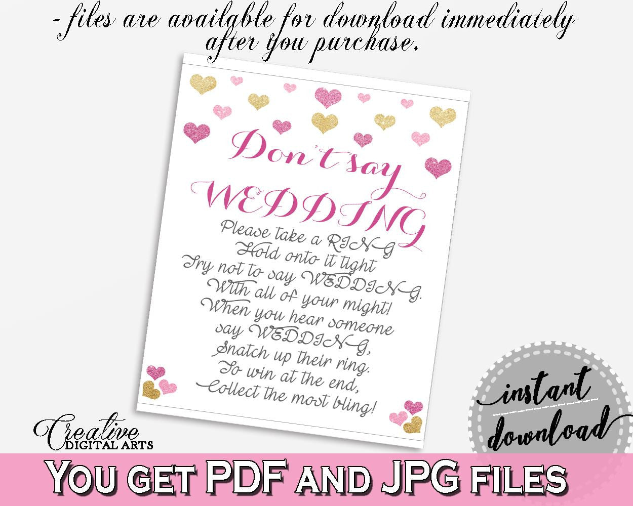 Don't Say Wedding Game in Glitter Hearts Bridal Shower Gold And Pink Theme, competition game,  valentine shower, printable files - WEE0X - Digital Product