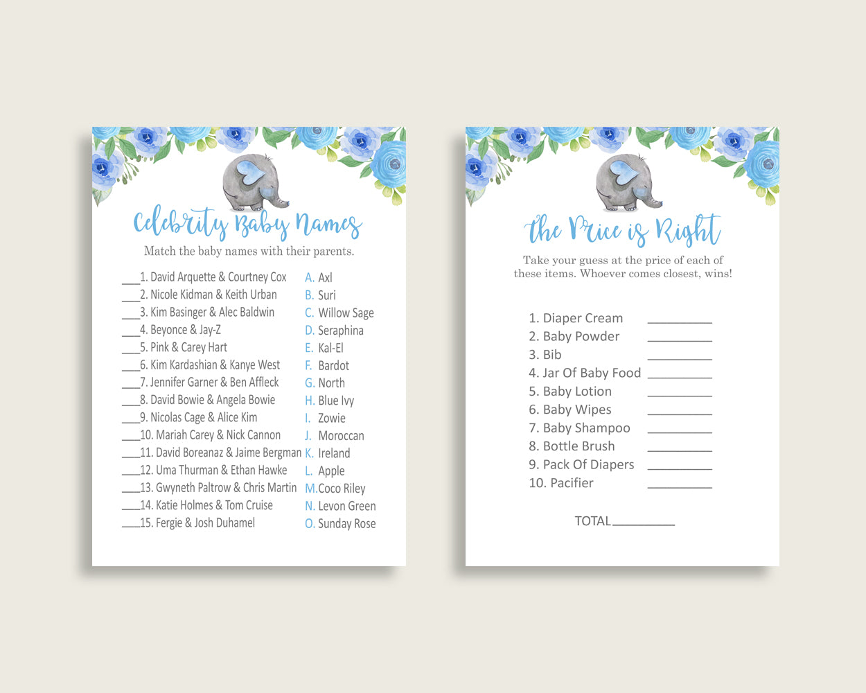 Elephant Blue Baby Shower Games Printable Pack, Blue Gray Baby Shower Games Package Boy, Elephant Blue Games Bundle Set, Instant ebl01