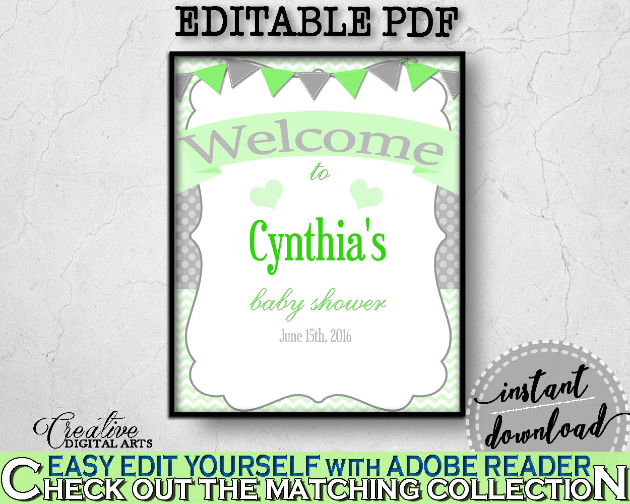 Baby Boy Girl Shower WELCOME sign editable with chevron green color theme printable, digital files, instant download - cgr01