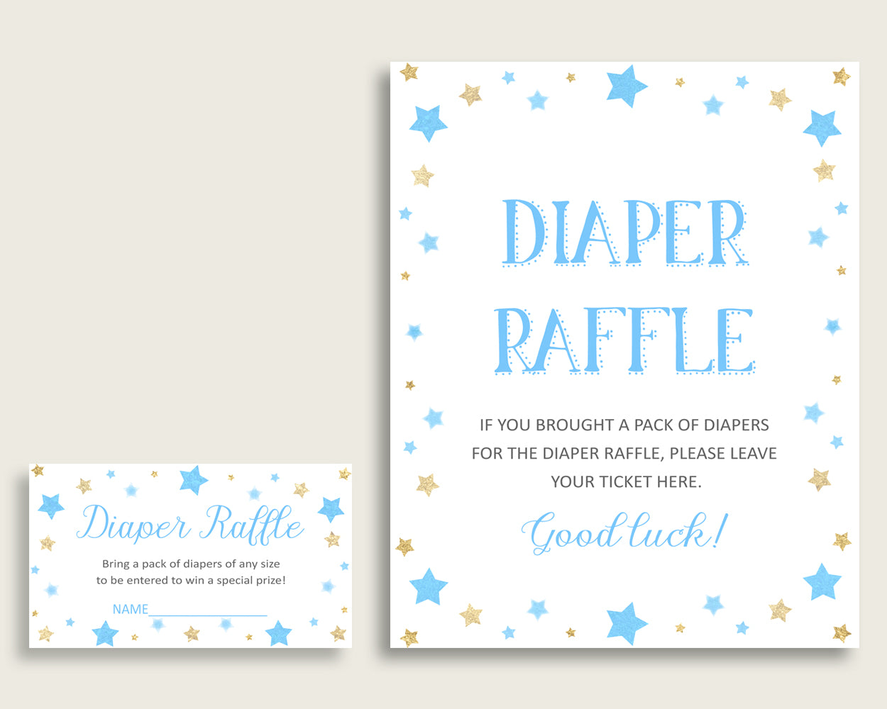 Stars Baby Shower Diaper Raffle Tickets Game, Boy Blue Gold Diaper Raffle Card Insert and Sign Printable, Instant Download, 3.5x2", bsr01