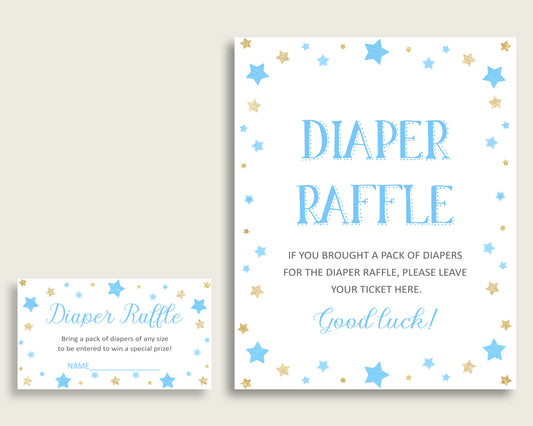 Stars Baby Shower Diaper Raffle Tickets Game, Boy Blue Gold Diaper Raffle Card Insert and Sign Printable, Instant Download, 3.5x2", bsr01