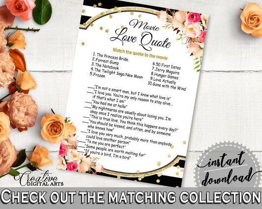 Black And Gold Flower Bouquet Black Stripes Bridal Shower Theme: Movie Love Quote Game - film quotations, paper supplies, prints - QMK20 - Digital Product