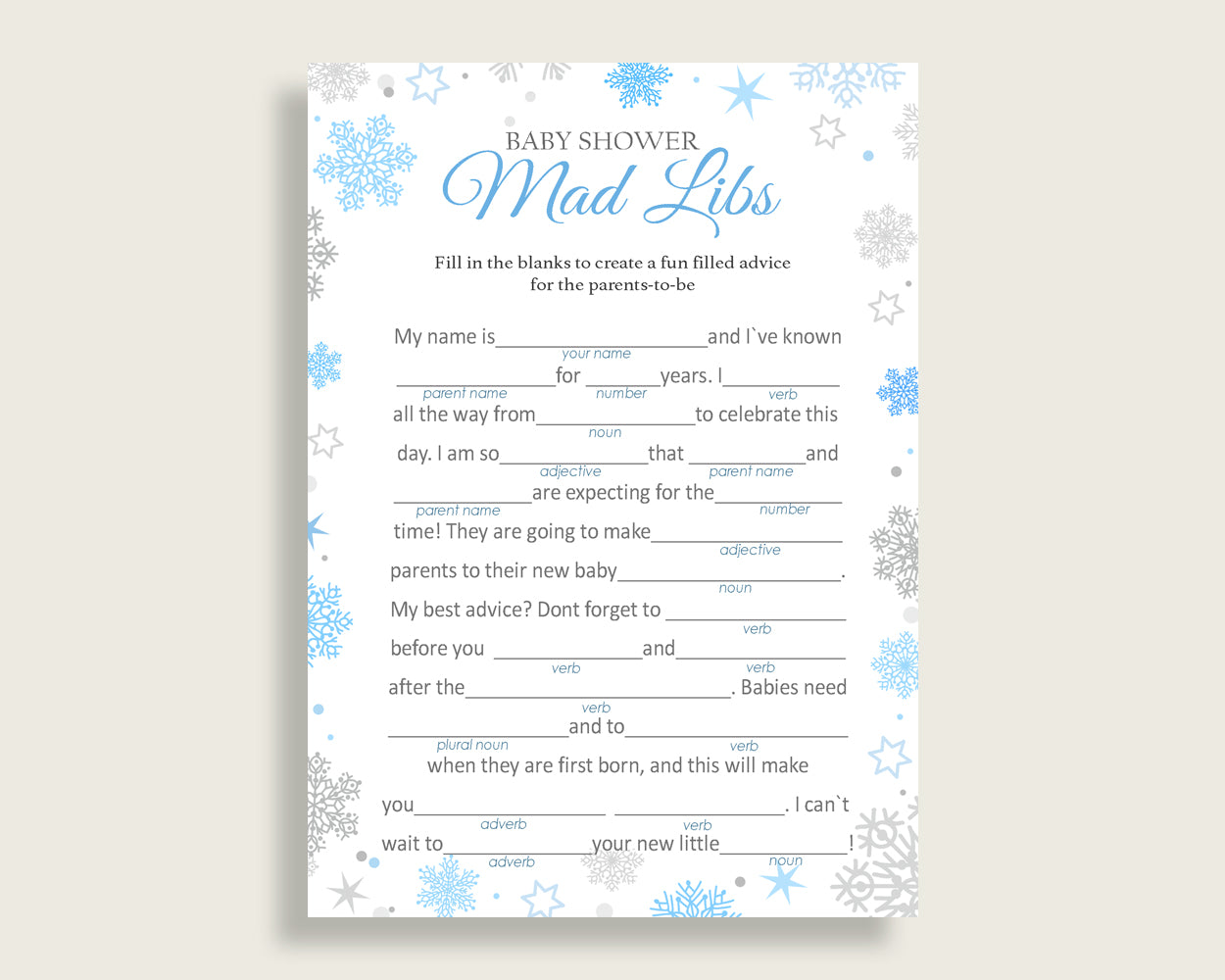 Mad Libs Baby Shower Mad Libs Snowflake Baby Shower Mad Libs Blue Gray Baby Shower Snowflake Mad Libs printable files pdf jpg NL77H