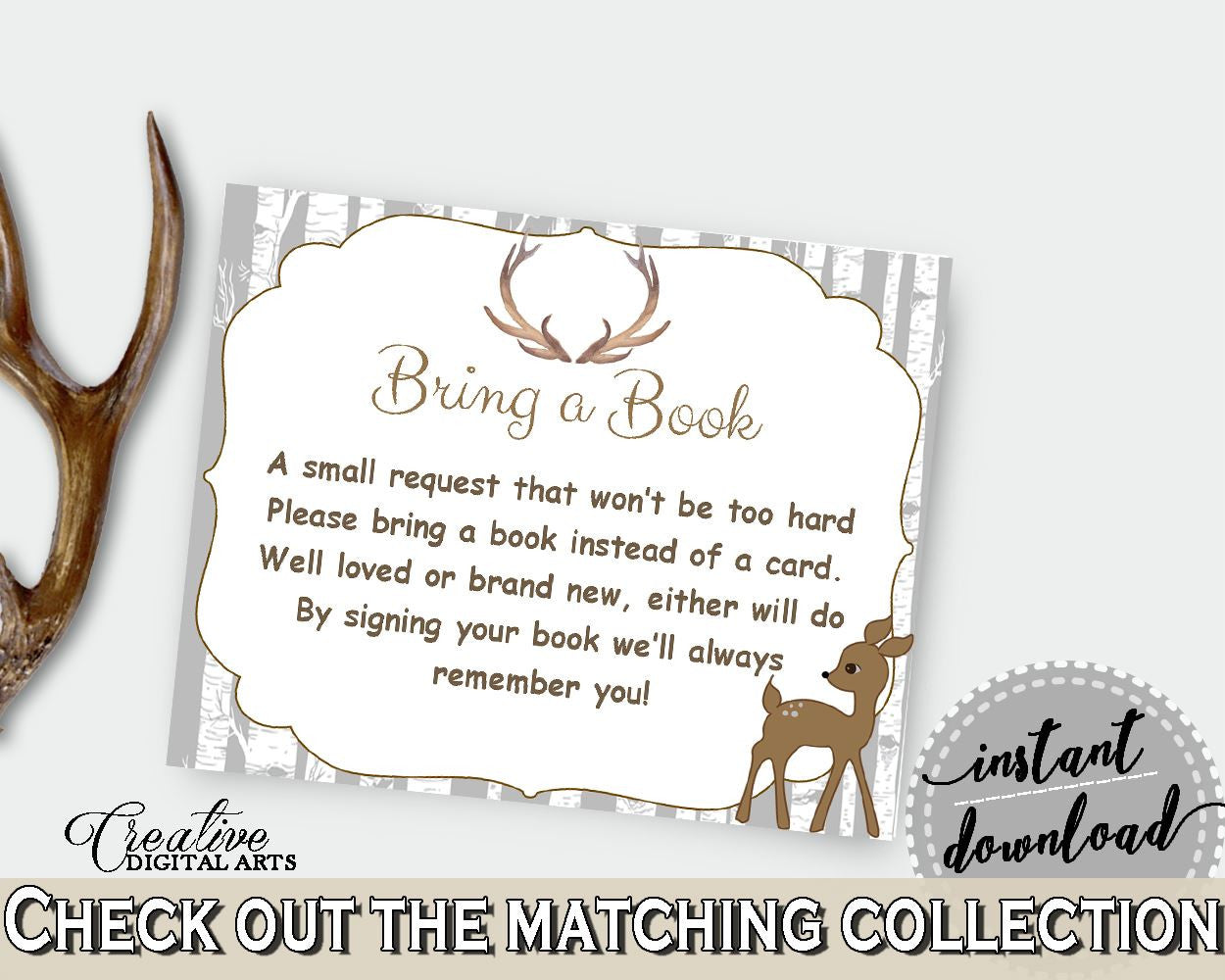 Bring A Book Baby Shower Bring A Book Deer Baby Shower Bring A Book Baby Shower Deer Bring A Book Gray Brown shower celebration - Z20R3 - Digital Product