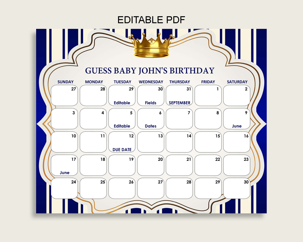 Blue Gold Guess Baby Due Date Calendar Game Printable, Royal Prince Baby Shower Boy Birthday Prediction Calendar Editable, Instant rp001