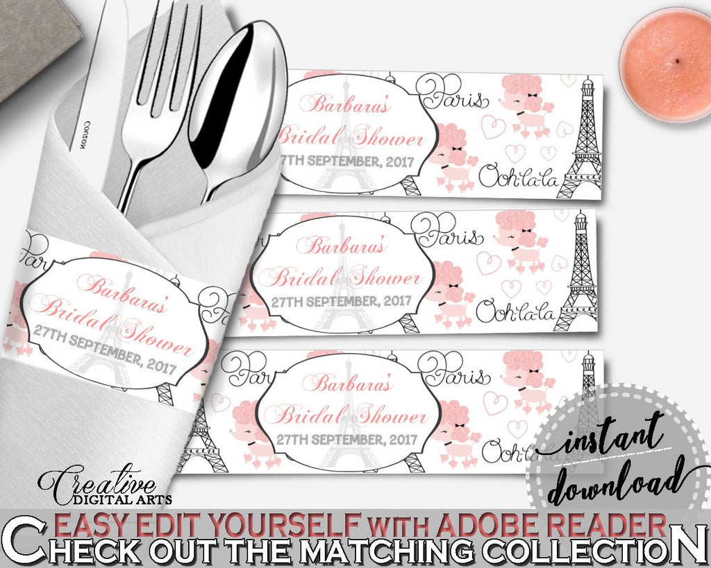 Pink And Gray Paris Bridal Shower Theme: Napkin Ring Editable - place mat, city of light, party plan, party planning, party stuff - NJAL9 - Digital Product