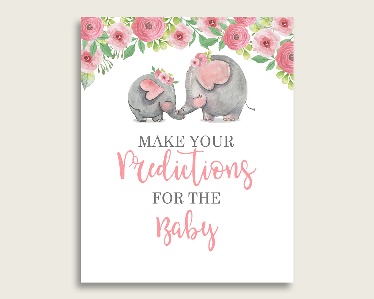 Pink Elephant Baby Shower Prediction Cards & Sign Printable, Pink Grey Baby Prediction Game Girl, Instant Download, Trunk Tusks Snorky ep001