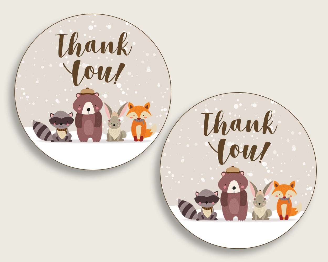 Winter Woodland Baby Shower Round Thank You Tags 2 inch Printable, Beige Brown Favor Gift Tags, Gender Neutral Shower Hang Tags Labels RM4SN