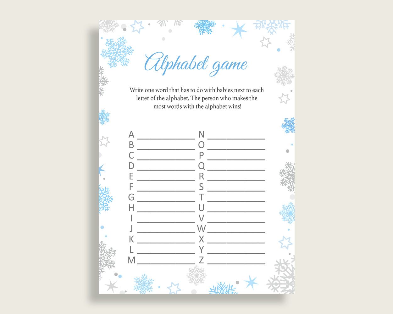 Alphabet Game Baby Shower Abc Game Snowflake Baby Shower Alphabet Game Blue Gray Baby Shower Snowflake Abc Game party ideas prints NL77H