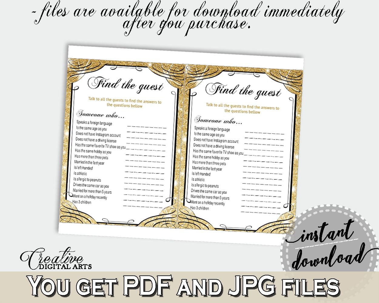 Gold And Yellow Glittering Gold Bridal Shower Theme: Find The Guest Game - shower icebreaker, rich shower, party organizing, prints - JTD7P - Digital Product