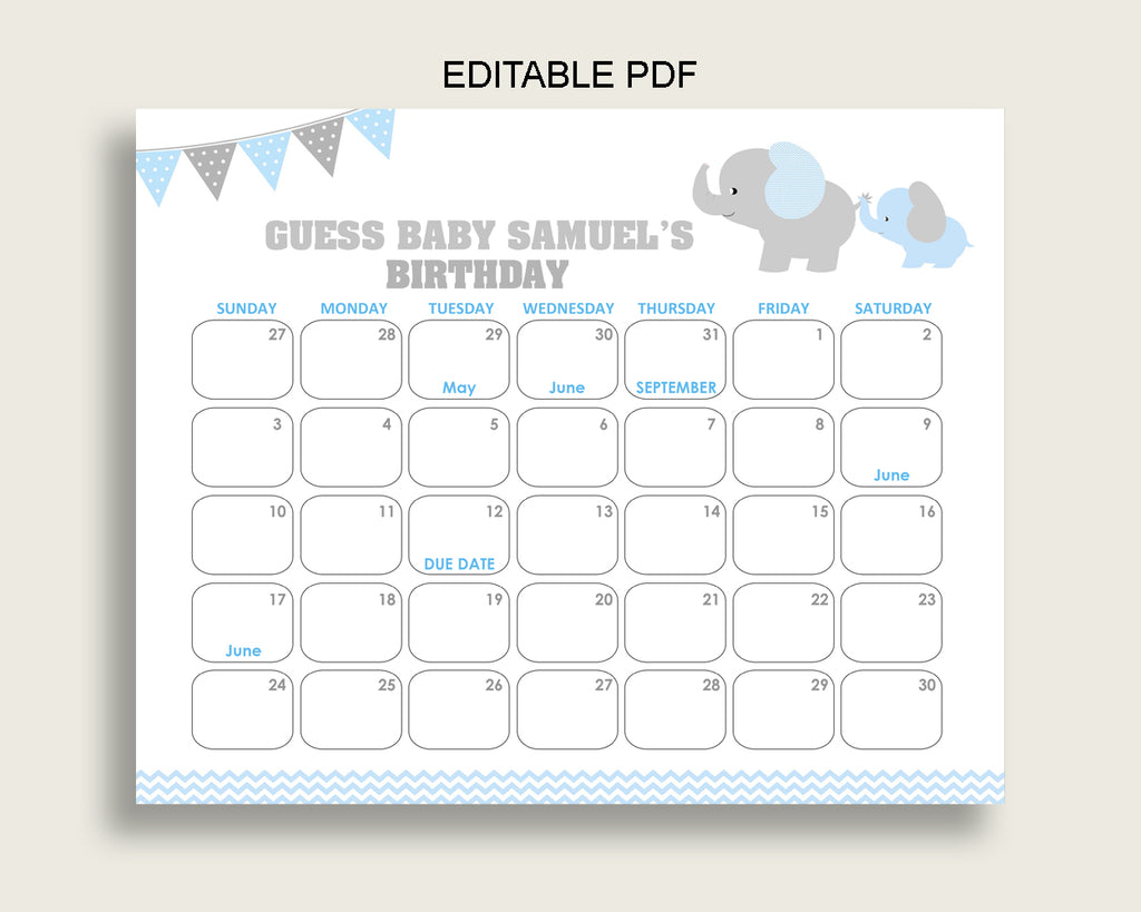Blue Grey Guess Baby Due Date Calendar Game Printable, Elephant Baby Shower Boy Birthday Prediction Calendar Editable, Instant ebl02