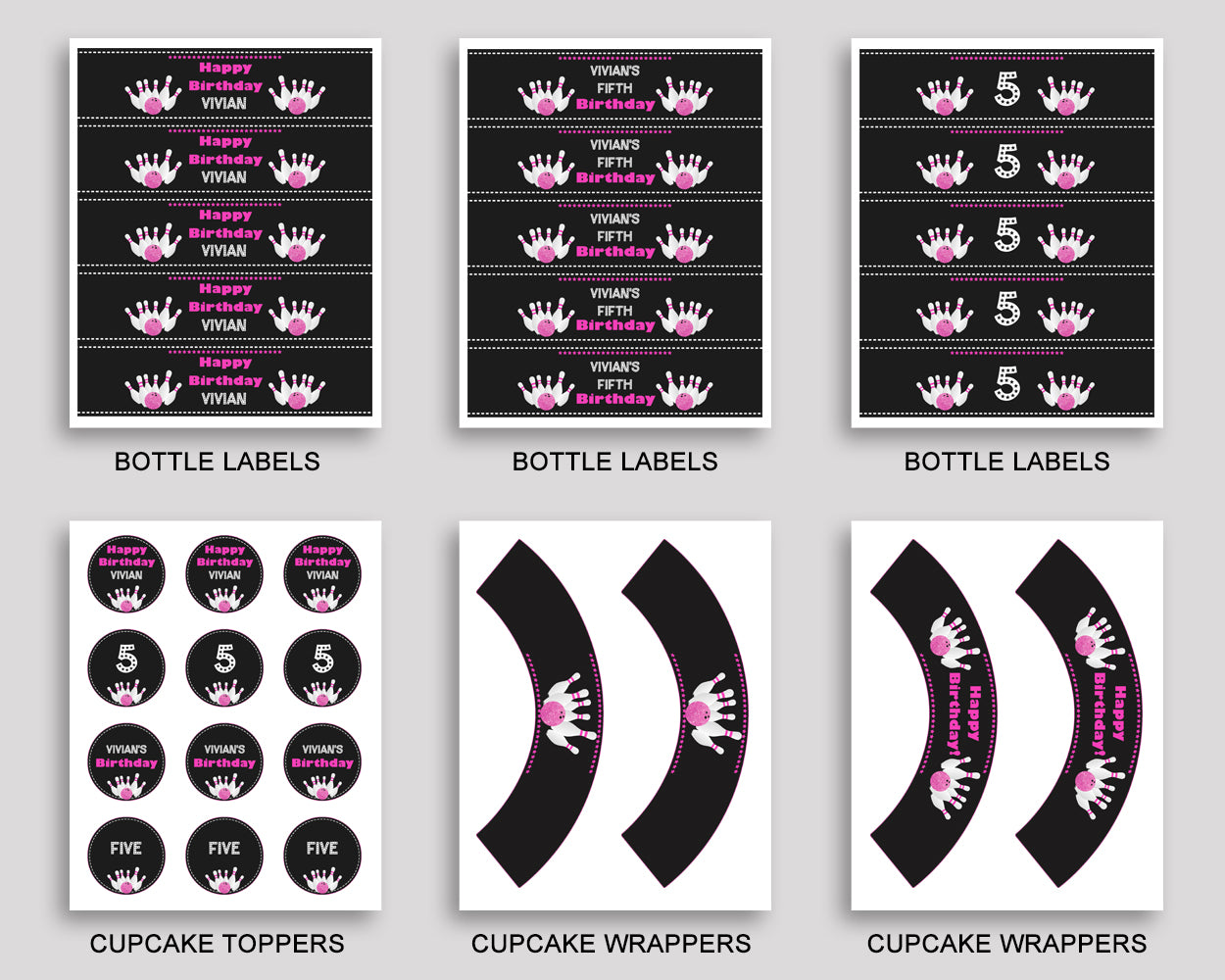 Bowling Birthday Party Package, Bowling Decorations Set Editable Pink Black, Birthday Kit Printable for Girl, WYP5V